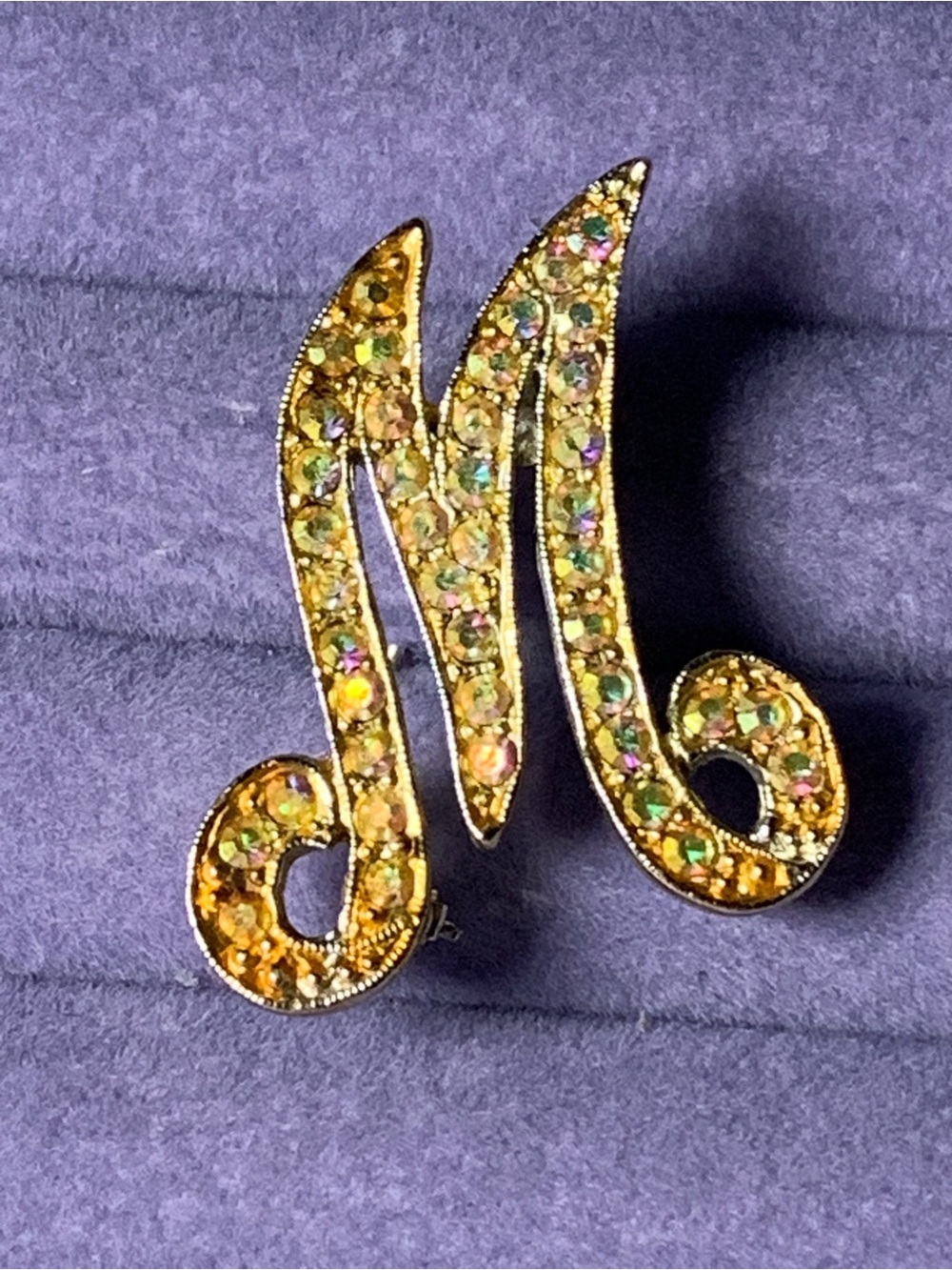 Vintage Rhinestone Initial M Brooch, Cursive Script